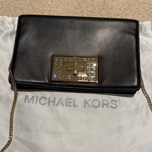 MICHAEL KORS  Black  Leather Clutch with Gold Chain - Picture 1 of 8